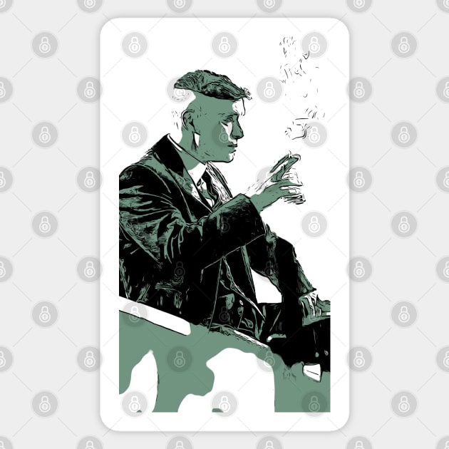 Thomas Shelby sits in the bar at the counter with a wisky glass and a cigarette in his hand as abstract comic art Sticker by ComicPrint